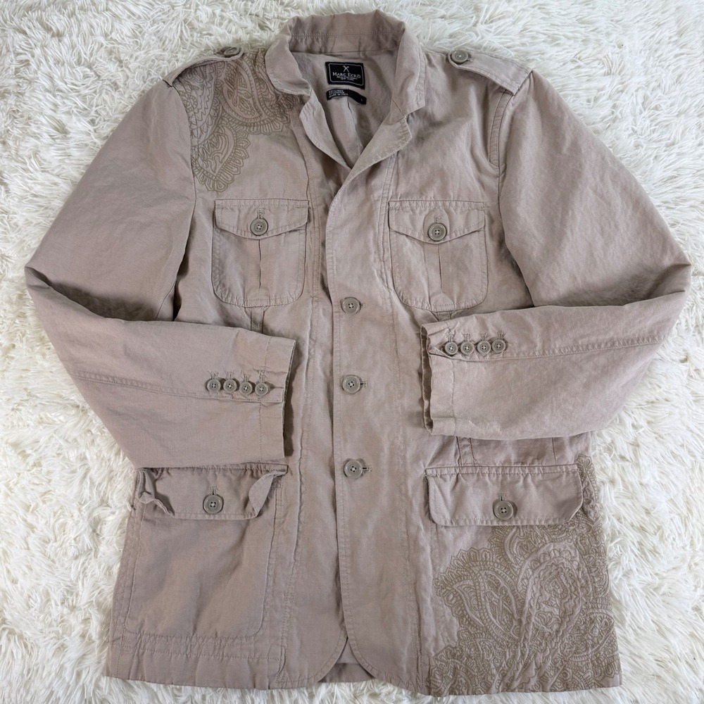Marc Ecko Women Tan Linen Blend Paisley Embroidered Safari Utility‎ Jacket Large